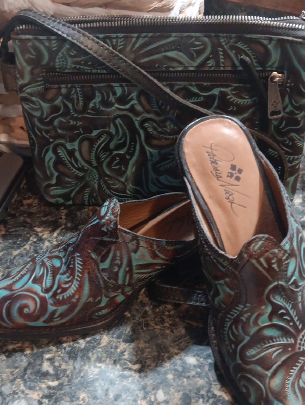 Patricia Nash Teal & Brown Tooled Leather Mules And Purse